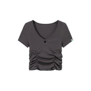 Color V-Neck Heart Keyhole Shirring Crop T-Shirt