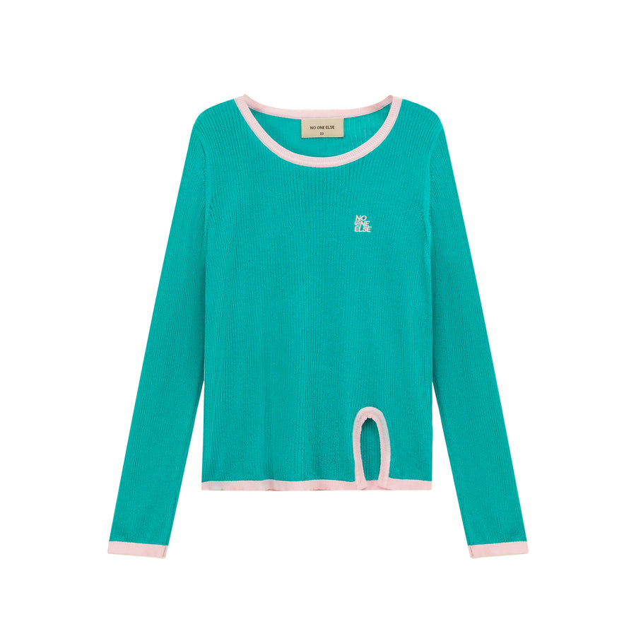 CHUU Slit Colorblocked Line Knit Top