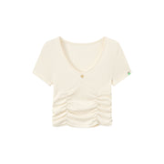 Color V-Neck Heart Keyhole Shirring Crop T-Shirt