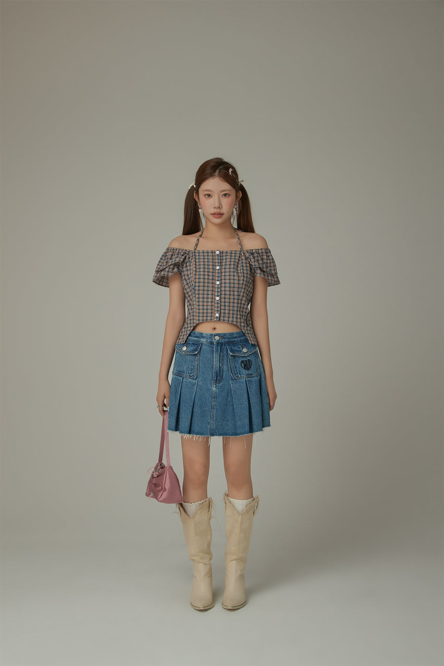 CHUU Side Garter Check Buttoned Blue Blouse