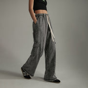 Elastic Waist Casual Diagonal Pocket Wide Leg Pants