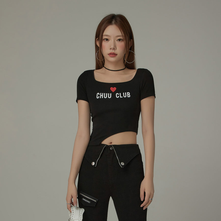 CHUU Square Neck Chuu Club Unbalanced T-Shirt