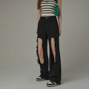 High Waist Distressed Ripped Open Wide-Leg Pants