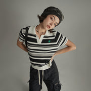 Collar Striped Knit Embroidered Sweater