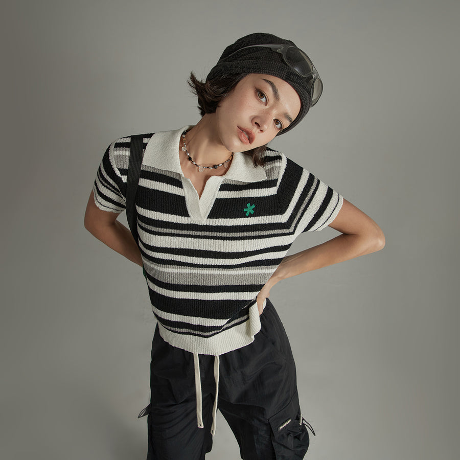 CHUU Collar Striped Knit Embroidered Sweater