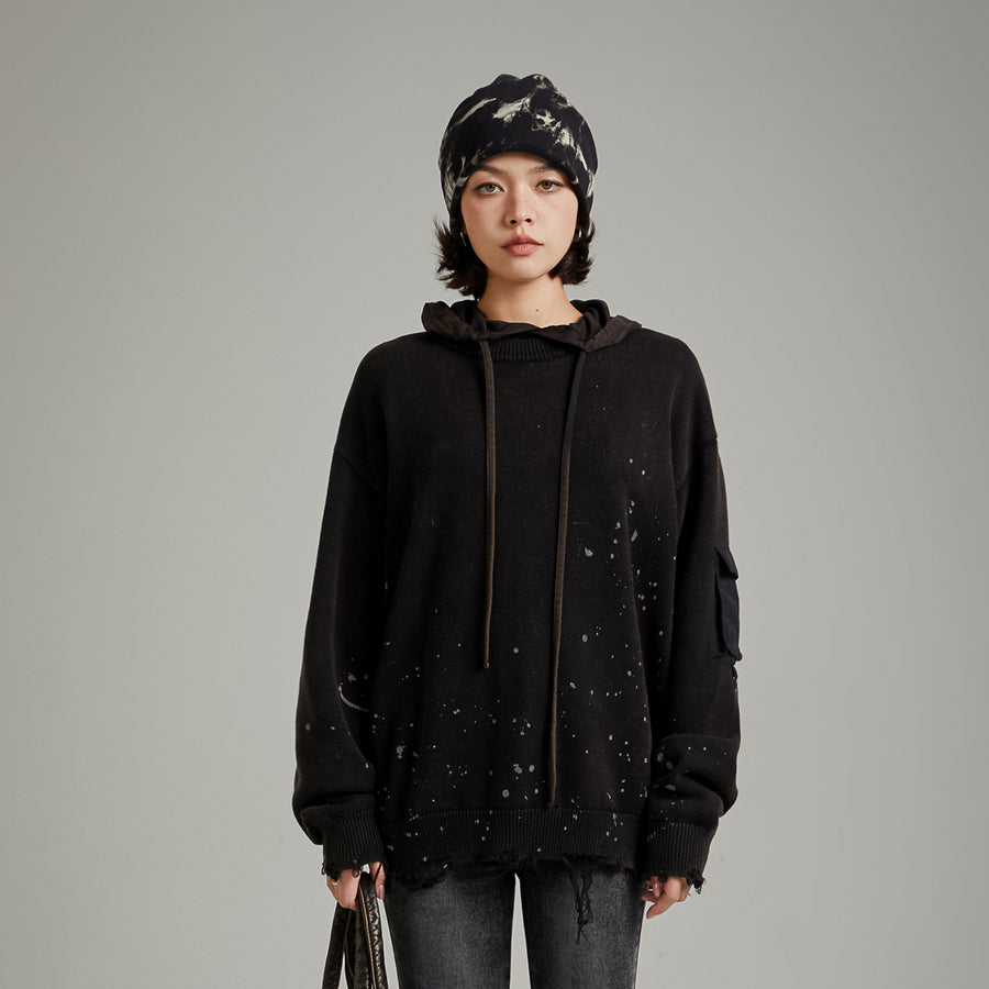 CHUU Pocket Paint Splatter Distressed Loose Fit Knit Sweater