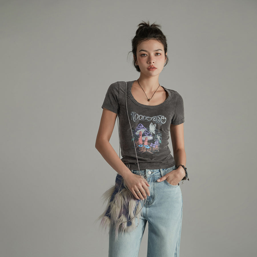 CHUU Printed Mushroom Vintage Slim T-Shirt