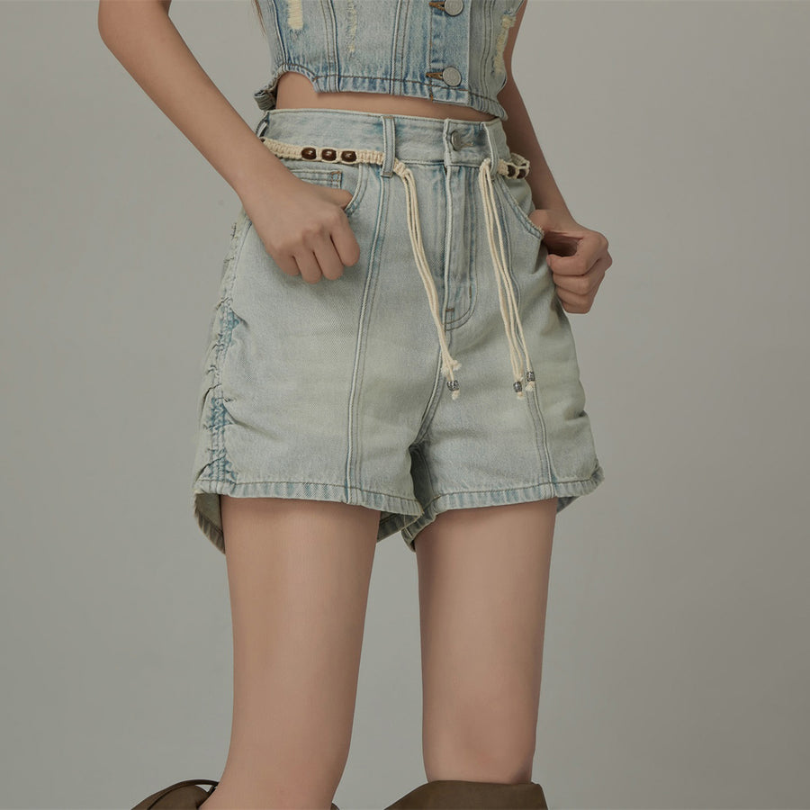 CHUU Side Shirred High Waisted Denim Shorts