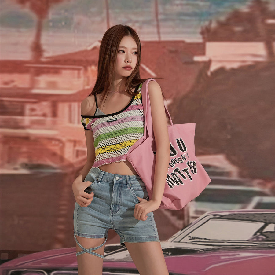 CHUU Crochet Mesh Colorblocked Crop Top