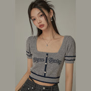 Chuu Baby Square Neck Heart Button Crop Kniit Top