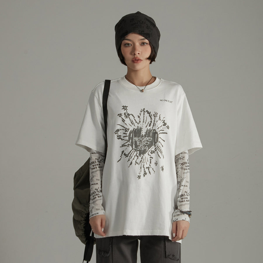 CHUU Vintage Heart Print Loose Fit T-Shirt