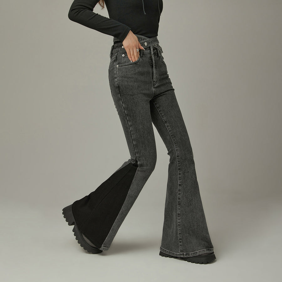 CHUU Criss Cross Belt Two Toned Bootcut Denim Pants