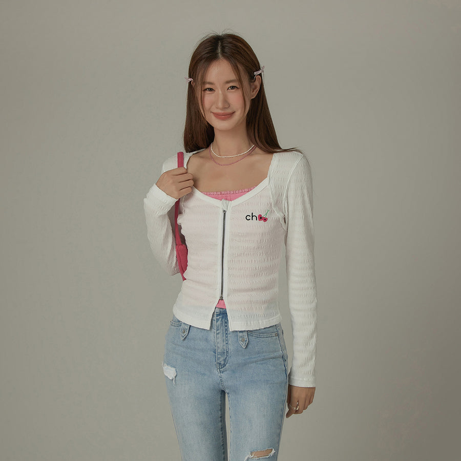 CHUU Cherry Embroidered Logo Zip-Up Top