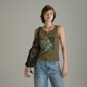 V Split Deer Character Sleeveless Top