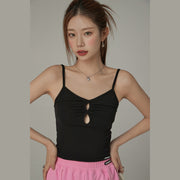 Color Shirred Keyhole Sleeveless Top