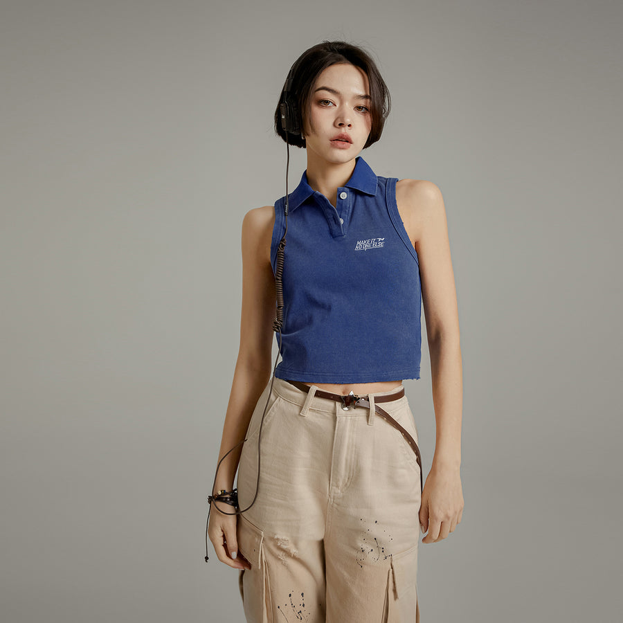 CHUU Polo Neck Button Sleeveless Crop Top