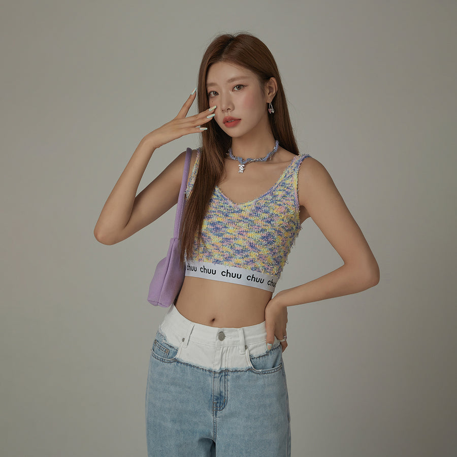 CHUU V-Neck Fuzzy Color Scheme Sleeveless Crop Top