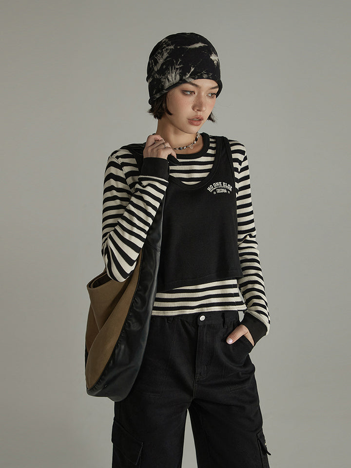 2-Layers Striped Long-Sleeves Top