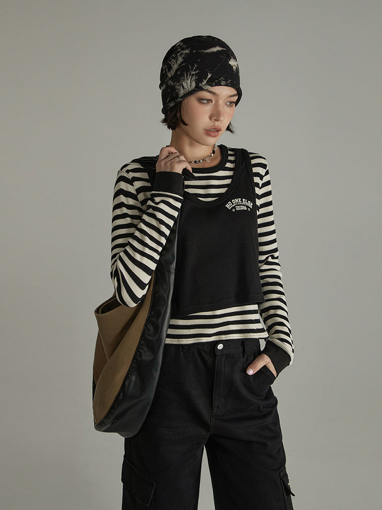 CHUU 2-Layers Striped Long-Sleeves Top