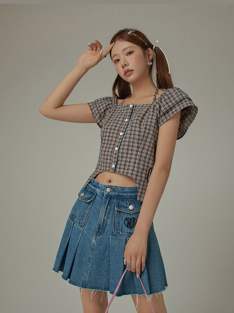 CHUU Side Garter Check Buttoned Blue Blouse