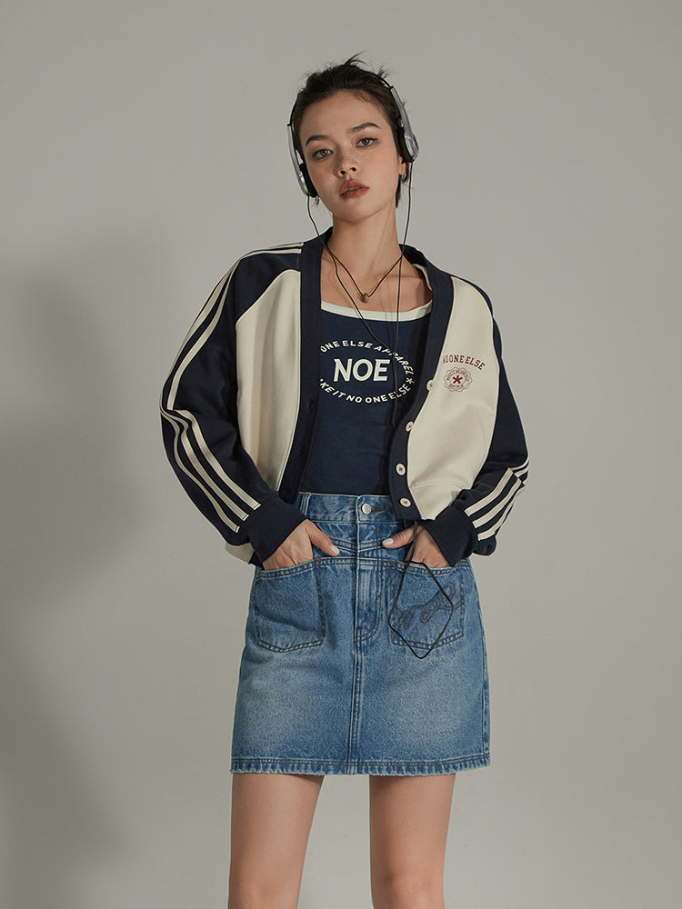 CHUU High Waist Logo Pocket Denim Mini Skirt