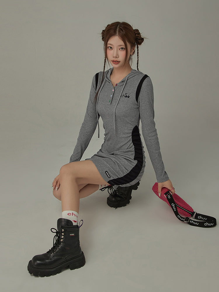 CHUU Cherry Hooded Side Lines Mini Dress