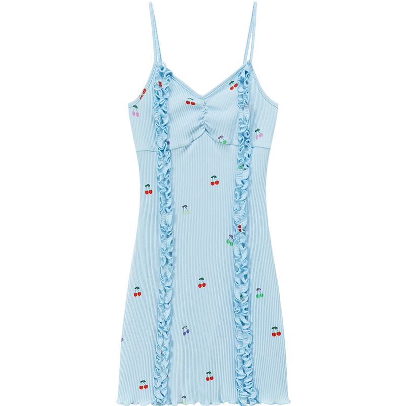 CHUU Cherry Printed Frilly Bustier Sleeveless Strap Mini Dress