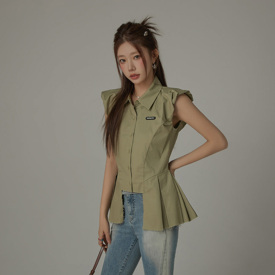 CHUU Unbalanced Puffy Sleeveflowy Hem Shirt