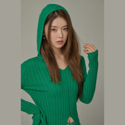 Slit Ribbed Hood Knit Sweater