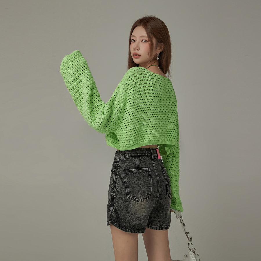 CHUU Heart Cutout Long Sleeve Crop Knit Sweater