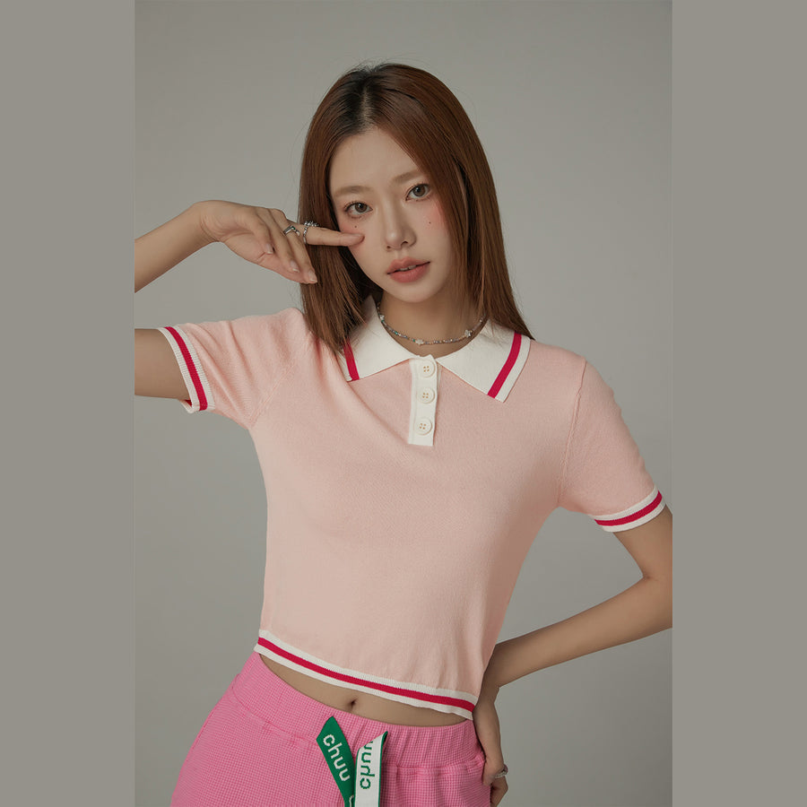 CHUU Chuu Babe Color Polo Neck Crop Knit Top