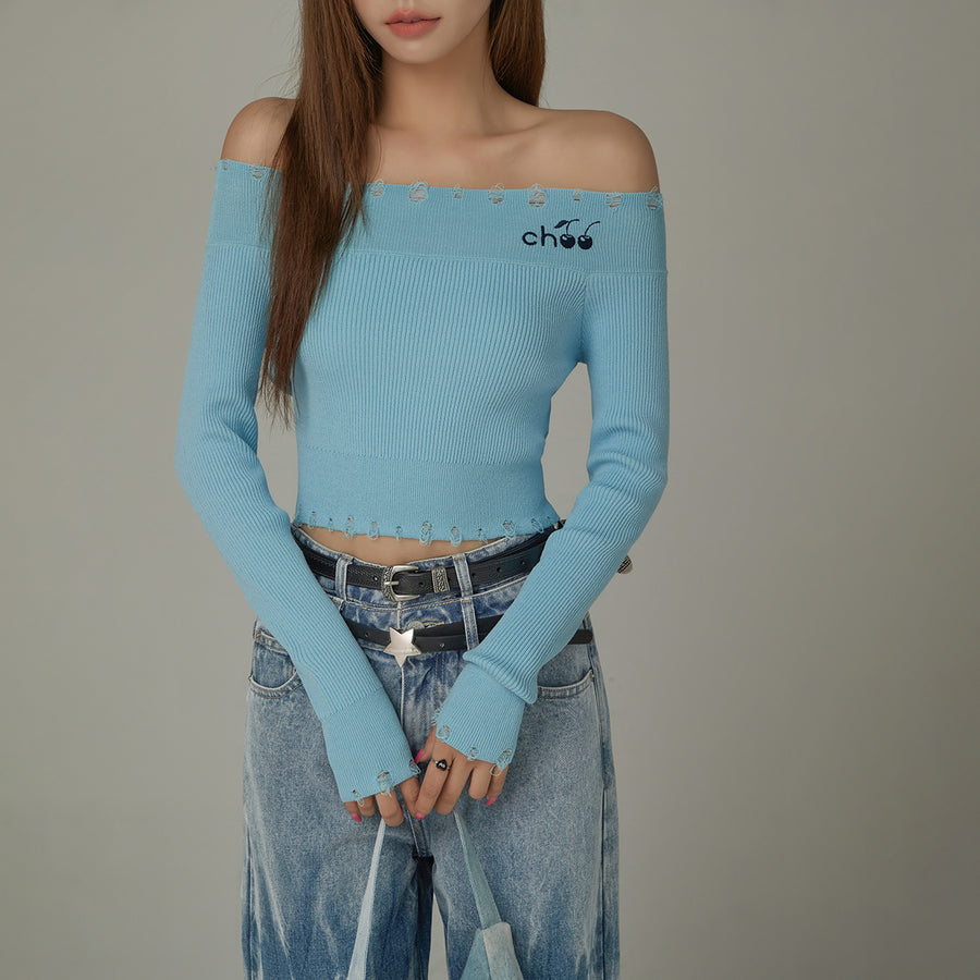 CHUU Cherry Off Shoulder Distressed Hem Knit Sweater