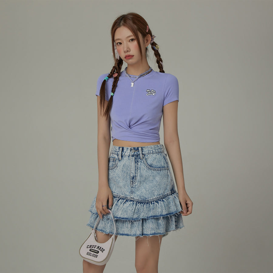 CHUU Embroidered Slim Back Cutout Cropped T-Shirt