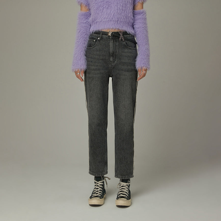 CHUU Frayed Line Straight Denim Jeans