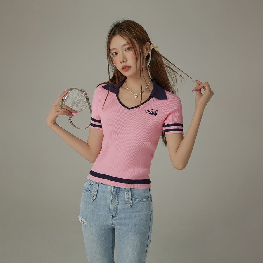 CHUU Open Collar Color Combination Knit Top