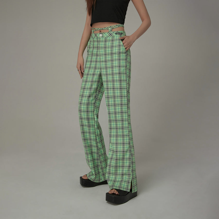 CHUU Color Checked Tie Waist Bootcut Pants