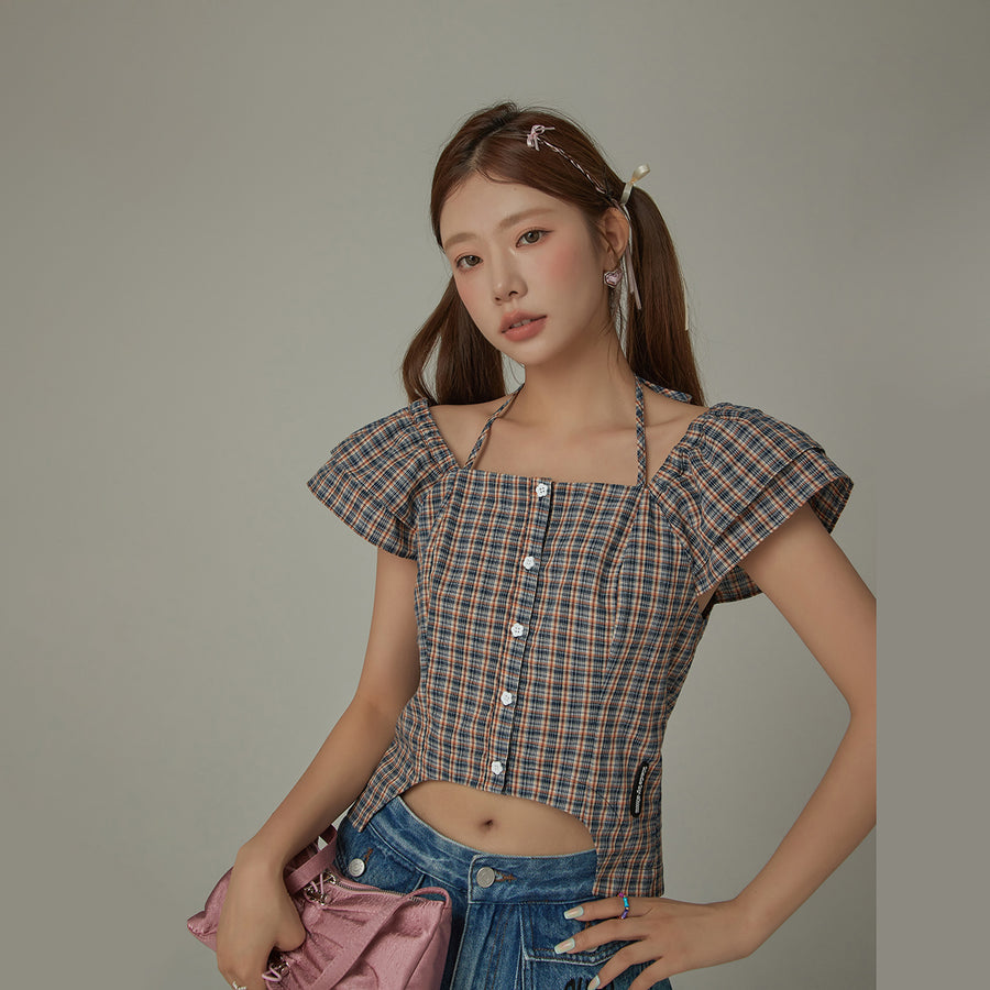 CHUU Side Garter Check Buttoned Blue Blouse