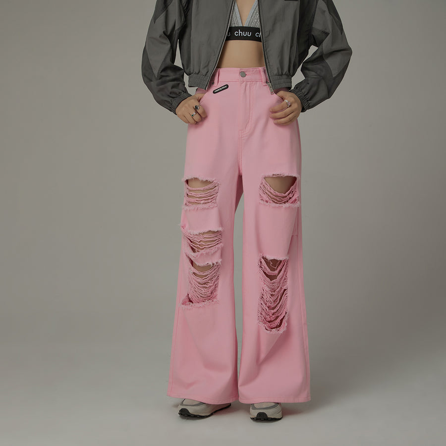 CHUU Distressed Wide Color Loosefit Denim Pants