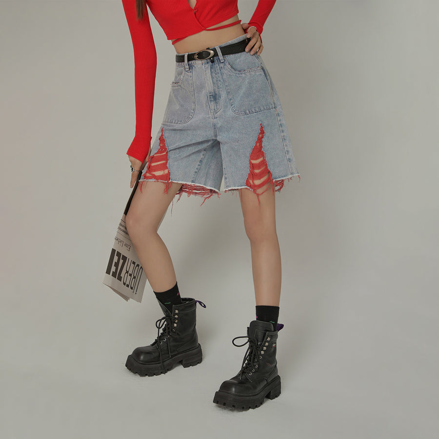 CHUU Color Distressed Rips Loosefit Denim Shorts