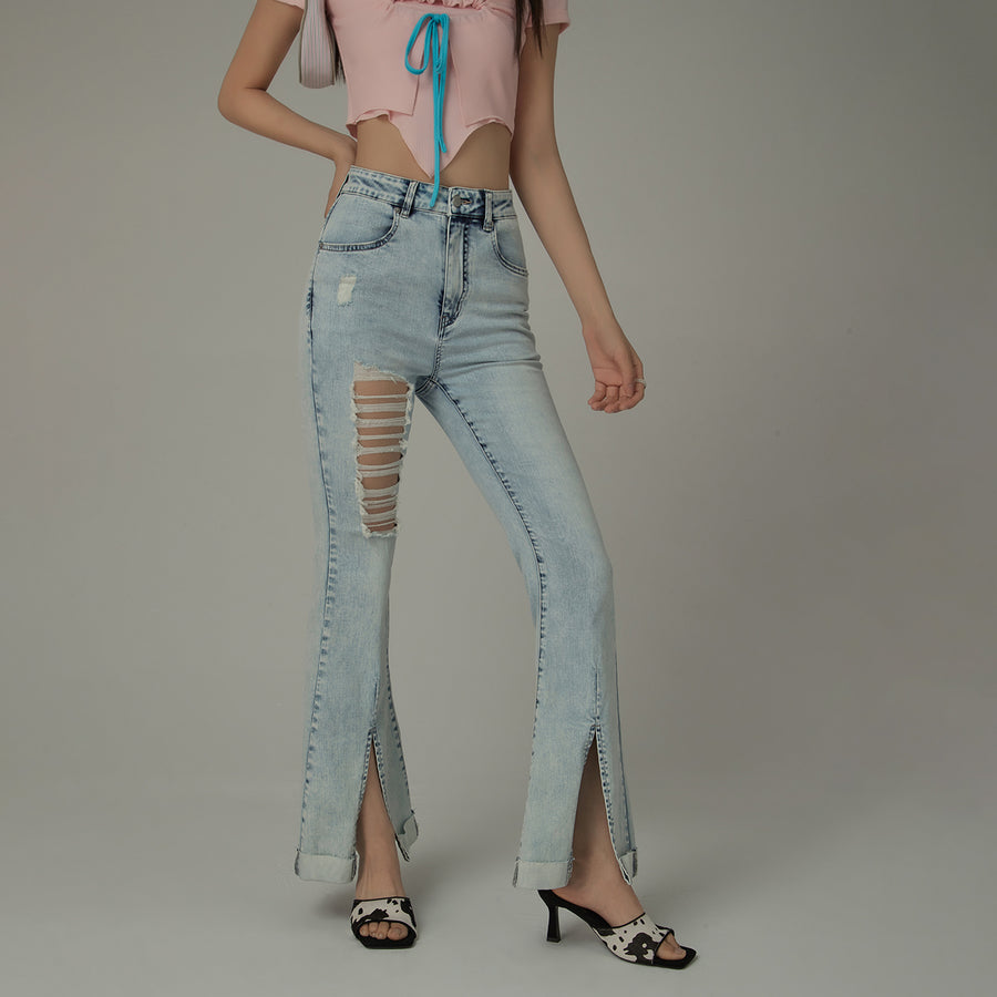 CHUU Distressed Rips Slit Denim Jeans