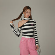 One Shoulder Choker Stripe Knit Top