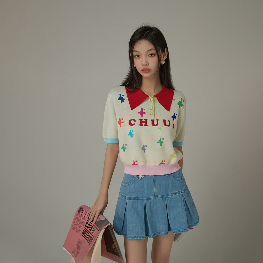 CHUU Polo Neck Color Blocked Multi-Color Pixel Block Pattern Knit Top