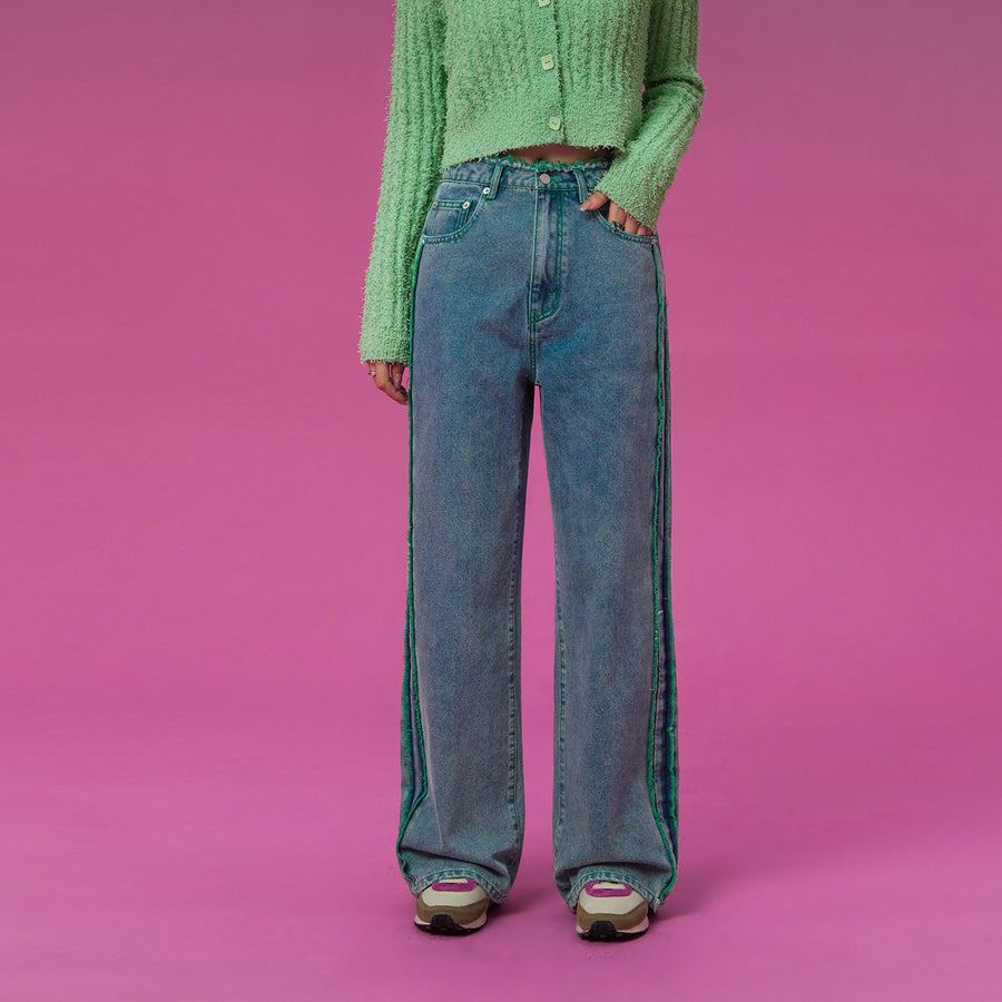 CHUU Frayed Denim Color Lined Straight Jeans