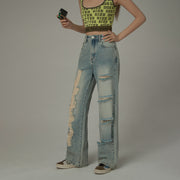 Cotton Distressed Denim Straight Leg Jeans