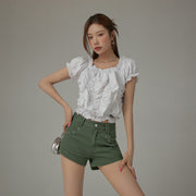 Shirred Puffy Sleeve Cropped Blouse