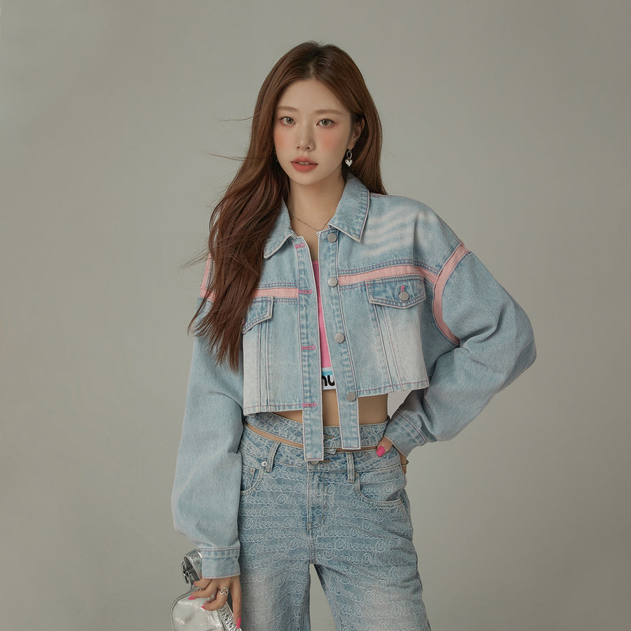 CHUU Pop Of Color Cropped Denim Jacket