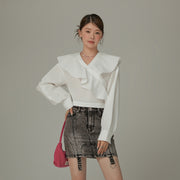 Asymmetrical Frill Big Collar Semi Crop Top