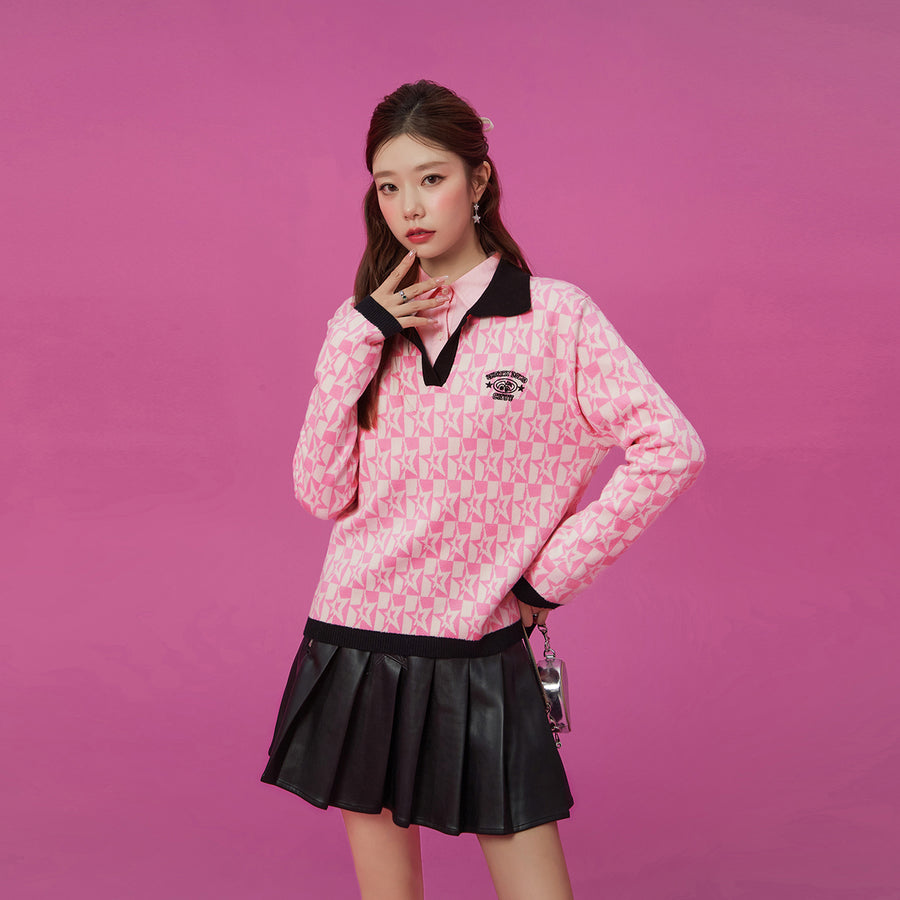 CHUU Open Collar Star Knit Sweater