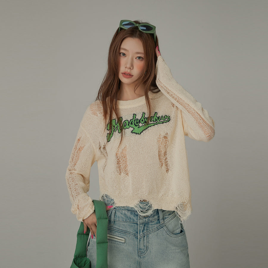 CHUU Distressed Long Sleeve Unbalanced Knit Top