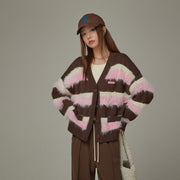 V-Neck Color Combination Stripe Knit Cardigan